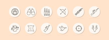 Chase simgeyi ayarladı. Ayı pençesi rozeti, tüfek, yay, geyik, deri, bıçak, kurşun, boynuz, arbalet, görüş, dürbün, siluet, insan, ördek, pastel renkler. Avlanma konsepti. Vektör satırı simgesi.