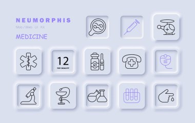 Tıbbi ekipman seti ikonu: Cam, yılan, kadeh, telefon, haç, ambulans çağır, mikroskop, büyüteç, şişe, kap, damlatıcı, sağlık hizmeti konsepti taşıyıcı çizgisi simgesi