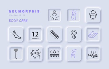 Kadın güzellik seti ikonu kadın bacakları ve figürü, siluet, meditasyon, sıvı, deri, jilet, cetvel, tarak, havlu, saç kesimi, güzellik. Kişisel bakım kavramı vektör çizgisi simgesi