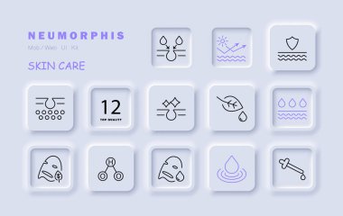 Cilt bakım ikonu ayarlandı. HO2, hidroperoksil, yaprak, damla, sıvı, maske, doğal ürünler, cilt koruması, krem, yağ silueti sağlık konsepti vektör hattı simgesi