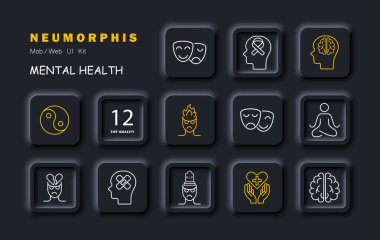 Ruh hali ikonu seti. Tiyatro maskeleri, gülümseme, öfke, yin yang, insan, beyin, yangın, meditasyon, siluet, duygusal bakım, yama restorasyonu, konsept vektör hattı ikonunuzu kontrol etmek