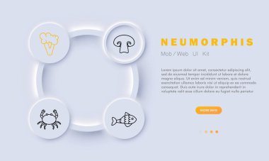 Ürünler simge oluşturur. Balık, yengeç, deniz ürünleri, mantar, brokoli, lezzet, sıra dışı yiyecekler, pullar, yüzgeçler, sağlık, diyet, daire, düğme. Sağlıklı beslenme konsepti. Neumorphis tarzı.