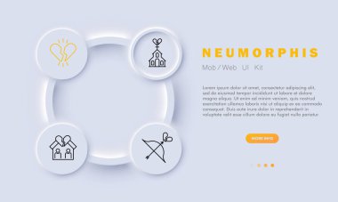 Boşanma seti simgesi. Kırık kalp, bölünme, ev, insanlar, yay, yay, kilise, çember, düğme. Ayrılmak, ilişki kavramını bitirmek. Neumorphis tarzı.