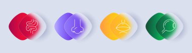 Organ simgesi seti. Bağırsaklar, mide bölgesi, dudaklar, burun, siluet, göz bebeği, göz bebeği, burun, düz tasarım, anatomik yapılar. Tıbbi araştırma konsepti. Glasmorfizm biçimi.
