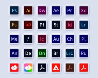 Photoshop, Lightroom, adobe acrobat, Bridge, Spark, illüstrator, Experience Designm Designm, InDesign, Experience Cloud logotype, vb. Adobe uygulama logosu Orijinal renk düzenleyici