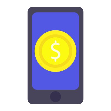 Telefon, para, dolar, kripto para, düz tasarım, basit görüntü, çizgi film tarzı. İnternetten para kazanma kavramı. İş ve reklam için vektör satırı simgesi