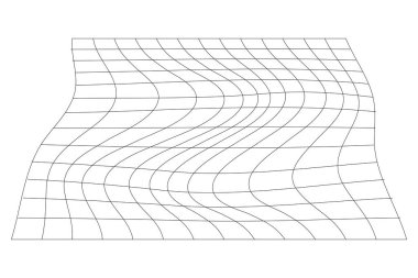 Beyaz arkaplandaki siyah şebeke bozuluyor. Dalgalı ağ dokusu. Deformasyon etkisi olan balık ağı. Eğimli kafes yüzeyi. Vektör grafik illüstrasyonu
