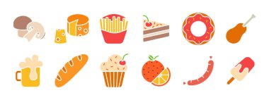 Yemek takımı ikonu. Mantar, peynir, patates kızartması, kek, çörek, tavuk budu, bira, baget, kek, portakal, sosis, dondurma. Yemek, yemek..