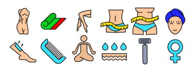 Güzellik ve sağlığın simgesi. Kadın vücudu, yoga minderi, bacaklar, ölçü bandıyla bel, havluyla yüz, tarak, yoga, su damlası, jilet, kadın sembolü. Sağlık ve öz bakım kavramı.