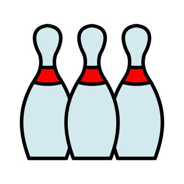 Bowling seti simgesi. Üç beyaz raptiye, kırmızı şerit, spor ekipmanları, oyun, rekabet, eğlence, kapalı etkinlik, grev, boş zaman.