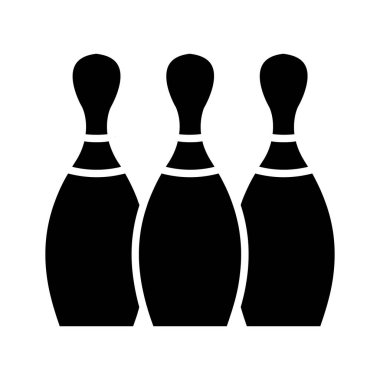 Bowling seti simgesi. Üç beyaz raptiye, kırmızı şerit, spor ekipmanları, oyun, rekabet, eğlence, kapalı etkinlik, grev, boş zaman.