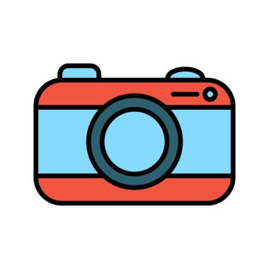 Kamera seti simgesi. Kırmızı ve mavi kamera, lens, fotoğrafçılık, dijital, ekipman, teknoloji, yakalama anları, seyahat, hobi.