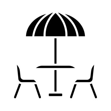 Açık kafe seti simgesi. Şemsiyeli masa, iki sandalye, kırmızı ve yeşil renkler, bahçe mobilyası, yemek, dinlenme, dinlenme, yaz, sosyal.