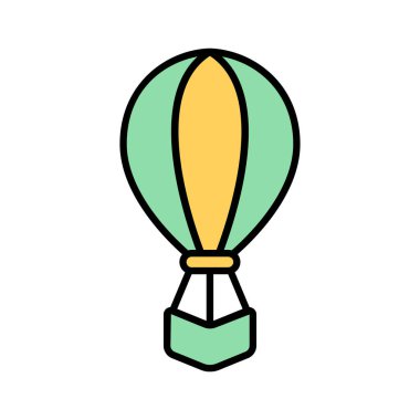 Sıcak hava balonu simgesi. Yeşil ve sarı balon, siyah çizgi, seyahat, macera, uçuş, gökyüzü, hava, turizm, keşif, boş zaman.