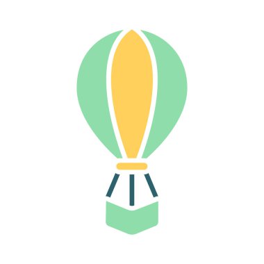 Sıcak hava balonu simgesi. Yeşil ve sarı balon, siyah çizgi, seyahat, macera, uçuş, gökyüzü, hava, turizm, keşif, boş zaman.