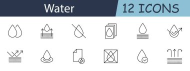 Su seti simgesi. Su damlaları, su geçirmez, nem sembolleri, nem ve suya dayanıklı. Nemlenmeye ve suya dayanıklı kavramlar için uygun. Beyaz arkaplanda vektör satırı simgesi.