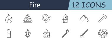 Ateşleme simgesi. Alevler, yangın emniyeti, yangın söndürücüler, alarmlar ve acil durum sembolleri dahil. Güvenlik, acil durum hizmetleri ve yangın önleme kavramları için ideal. Beyaz arkaplanda vektör satırı simgesi.