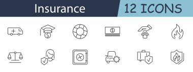 Sigorta seti simgesi. Sağlık, yaşam, araba ve emlak sigortası sembollerini içerir. Finansal güvenlik, sigorta ve risk yönetimi kavramları için ideal. Beyaz arkaplanda vektör satırı simgesi.