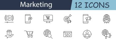 Pazarlama kümesi simgesi. Reklam, SEO, e-ticaret ve dijital medya sembolleri içeriyor. İş, terfi ve satış kavramları için mükemmel. Beyaz arkaplanda vektör satırı simgesi.