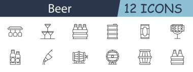 Bira seti simgesi. Şişeler, bardaklar, altılı bira, fıçılar, fıçılar, tabela, bira fabrikası, içki, bar, alkol. Bira konsepti. Beyaz arkaplanda vektör satırı simgesi.