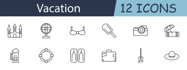 Tatil seti simgesi. Kale, dünya, bikini, dondurma, kamera, plaj şemsiyesi, bira, can simidi, palet, bavul, kürek, şapka. Seyahat ve eğlence konsepti. Beyaz arkaplanda vektör satırı simgesi.