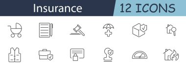 Sigorta seti simgesi. Bebek arabası, belge, tokmak, şemsiye, sağlık haçı, güvenlik paketi, kimlik kartı, tartı, taksimetre, yanan ev. Sigorta türleri, koruma hizmetleri, risk yönetimi kavramı.