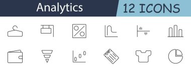 Analizler simgeyi ayarladı. Askı, takvim, yüzde, grafik, cüzdan, huni, bilet, harita. Veri analizi, mali istatistik, iş ölçüm kavramı.