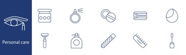 Kişisel bakım seti simgesi. Makyaj, parfüm, hap, sabun, sünger, jilet, losyon, rimel, fırça. Tımar, hijyen, güzellik rutini, kişisel bakım konsepti..