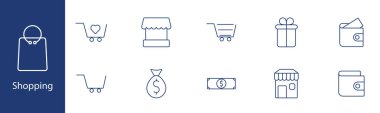 Alışveriş seti simgesi. Araba, mağaza, cüzdan, para, hediye, alışveriş çantası, market, alım-satım, alışveriş. Perakende, ticaret, e-ticaret konsepti.
