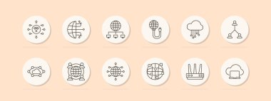 Ağ seti simgesi. Wi-Fi, bulut, dünya, bağlantı, yönlendirici, veri transferi, sunucu. İnternet, teknoloji, iletişim konsepti. Bej arkaplanda vektör satırı simgeleri.