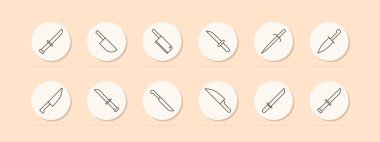 Bıçak seti simgesi. Şef, satır, paring, kullanım, kemik, kasap, doğrama. Mutfak, mutfak, yemek pişirme konsepti. Bej arkaplanda vektör satırı simgeleri.