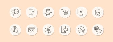 E-ticaret seti simgesi. Alışveriş arabası, SEO, pazarlama, cep telefonu, hediye, online mağaza, küresel arama, reklam, dağıtım, promosyon. Dijital perakende konsepti. Şeftali arkaplanındaki vektör satırı simgesi.