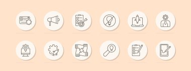 İş ikonu. Web sitesi, megafon, kontrol listesi, hedef, ampul, roket, iş adamı, dişliler, takım çalışması, arama, dosya, imza. İş, yönetim kavramı. Vektör satırı simgesi