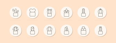 Kaktüs koleksiyonu simgesi. Farklı şekillerde ve boyutlarda, tencerelerde çeşitli kaktüsler var. Şeftali arkaplanındaki vektör satırı simgesi.