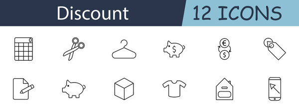 Discount set icon. Calendar, scissors, hanger, piggy bank, exchange, tag, note, cube, shirt, house, smartphone. Sale concept. Vector line icon on white background.