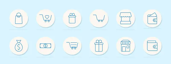 stock vector E-commerce set icon. Shopping bag, cart, gift, store, wallet, money bag, bill, market, online purchase. Shopping, online retail, digital transactions concept. Vector line icons on blue background.