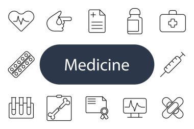 Tıp seti simgesi. Kalp, glikoz, reçete, şişe, ilk yardım, haplar, test tüpleri, x-ray, sertifika, monitör, enjeksiyon, sağlık, tedavi, teşhis.