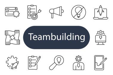 Takım oluşturma simgesi. Takım, kontrol listesi, hedef, megafon, ampul, fırlatma, eller, fikir, yönetici, yenilik, işbirliği, organizasyon, proje, üretkenlik, strateji.