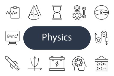 Fizik ikonu belirledi. Dalga, koni, kum saati, dişli, küre, denklem, roket, grafik, pil, baş, formül, deney, mekanik, hesaplama, bilim.