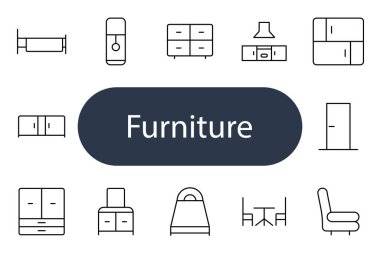 Mobilya seti simgesi. Yatak, gardırop, masa, sandalye, kanepe, şifonyer, komodin, lamba, dolap, depo, kitaplık, çekmece, ev, iç mekan, dekor, ev mobilyası, oda, daire.