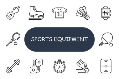 Spor malzemeleri ikonu. Su şişesi, patenler, forma, akıllı sepet, raket, dambıl, eldivenler, kronometre, ayakkabılar, masa tenisi, spor, egzersiz, spor, spor, spor, spor, spor, spor, spor, spor, spor, spor, spor, spor, spor, spor..