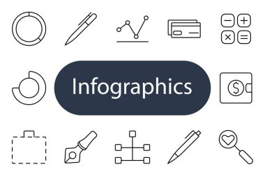 Bilgi grafikleri simge ayarladı. Pasta şeması, kalem, grafik, kredi kartı, hesap makinesi, cüzdan, evrak çantası, dolmakalem, diyagram, para, veri, iş, finans, rapor analizi, istatistik, bilgi, metrik, grafik