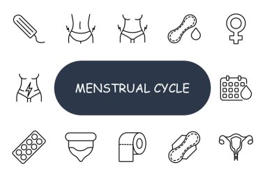 Adet döngüsü simgesi. Tampon, ağrı, ped, kadın, takvim, kramp, doğum kontrolü, fincan, tuvalet kağıdı, uterus, adet, sağlık, dönem, hijyen, yumurtlama, doğurganlık, kadın, döngü, hijyen, hijyen.