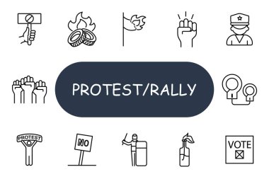 Protesto simgesi. İmzala, lastik, bayrak, yumruk, polis, megafon, işaret yok, isyan, molotov, oy, gösteri, aktivizm, sivil haklar, hareket, isyan, muhalefet, grev, ralli, kalabalık.