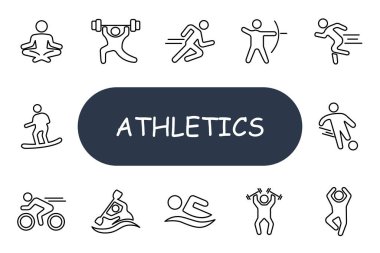 Atletizm ikonu. Yoga, halter, koşu, okçuluk, engelleme, snowboard, bisiklet, kano, yüzme, halter, spor, aktivite, egzersiz, fitness, atlet, fiziksel, eğlence,.