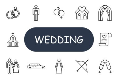 Düğün ikonu. Yüzükler, gelin, damat, kilise, limuzin, pasta, kutlama, yeminler, tören, aşk, evlilik, etkinlik, resepsiyon, parti, nişan, dekor.