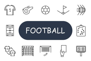 Futbol takımı ikonu. Jersey, ıslık, top, köşe bayrağı, saha, strateji tahtası, skor tabelası, gol, kırmızı kart, sarı kart, yer değiştirme, hakem, oyuncu, futbol, spor, oyun, yarışma, takım.