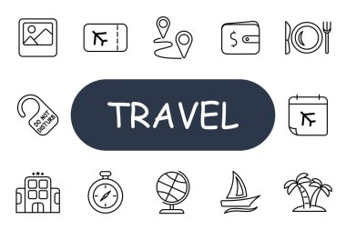 Seyahat simgesi. Otel, dünya, pusula, yelkenli, palmiye ağaçları, resim, uçak bileti, rota, cüzdan, yemek, takvim, yatak, tatil, turizm, yolculuk, keşif, macera..