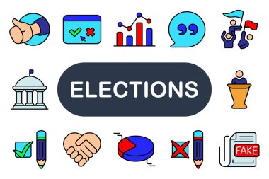 Seçimler ikonu belirler. Oylama, grafik, konuşma balonu, ralli, başkent, el sıkışma, kalem, pasta grafiği, çapraz işaret, sahte haber, çevrimiçi oylama.