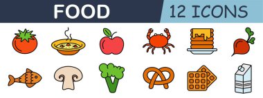 Yemek takımı ikonu. Domates, çorba, elma, yengeç, krep, süt, balık, mantar, brokoli, pretzel, waffle, pancar.